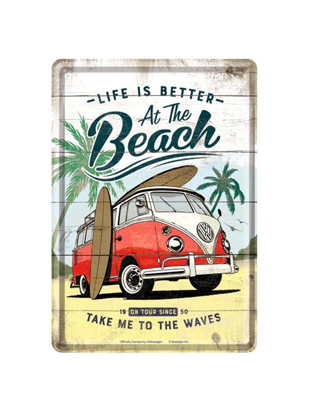 Blechschild Postkarte 10x14cm VW Bulli Life is Better at the Beach
